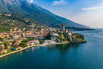 Aerial View of Scaliger Castle in Malcesine on Lake Garda, Historic Architecture Against Vibrant...