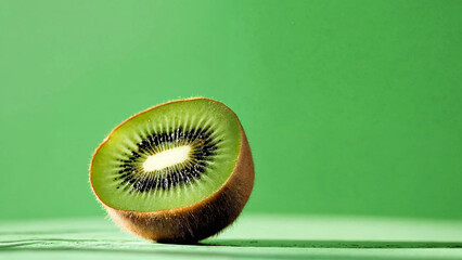 Close-up shot of a drop of juice flowing from a kiwi wedge on a green background 16:9 with copyspace
