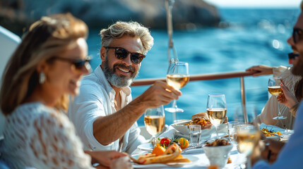 happy smiling middle-aged adults toasting and enjoying a meal in the cruise ship terrace outdoor restaurant, wealthy family on vacations, mediterranean sea