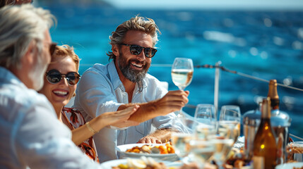 happy smiling middle-aged adults toasting and enjoying a meal in the cruise ship terrace outdoor restaurant, wealthy family on vacations, mediterranean sea