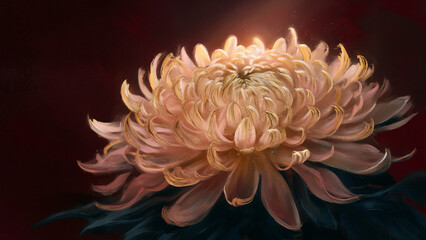 The image is a digital painting of a large, magnificent chrysanthemum flower. The flower displays rich shades of gold and peach. Each petal is intricately detailed with various highlights, creati...