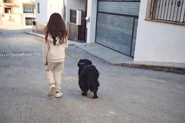 Rear view of a child girl walking her dog on leash on the city street