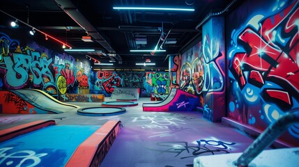 A parkour academy with urban-style obstacles, foam pits for safety, and walls decorated with graffiti art.