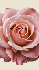 A close-up view of a pink rose with dew drops delicately resting on its petals. Visible are the intricate swirls and color gradations, from an intense deep pink at the middle to softer shades app...