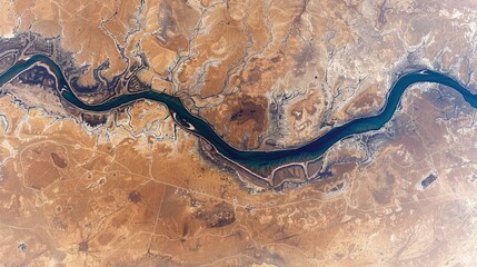 Aerial View of Meandering River Through Barren Desert Landscape
