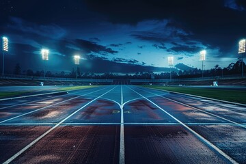 Wet baseball field with lights on a rainy night, suitable for sports and weather concepts