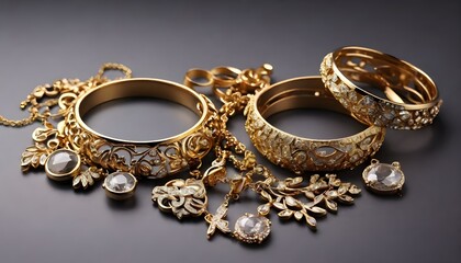 Beautiful golden jewelry on grey background