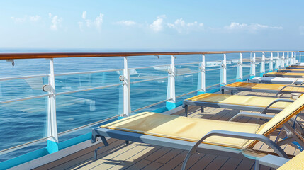 Fototapeta premium row of lounge chairs on the deck of a cruise ship, bright sunny day, blue sky