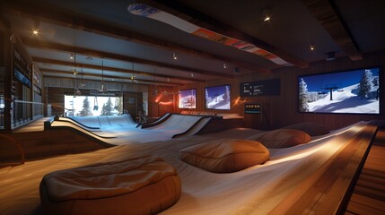 A snowboarding and skiing training center with artificial slopes, simulated lifts, and a lodge-like waiting area.