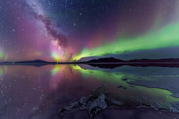 Purple and green aurora shining in the night sky, reflection in calm water, The aurora curved like a curtain is approaching