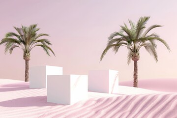 Fototapeta premium palm trees in the desert with three white cubes on a soft pink background for product presentation, mockup template, large empty space