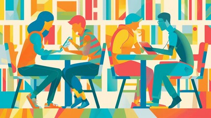 Fototapeta premium Two individuals engaged in a lively discussion at a table in front of a bookshelf filled with various titles. Generative AI
