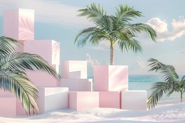 Fototapeta premium palm trees in the desert with three white cubes on a soft pink background for product presentation, mockup template, large empty space
