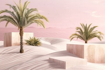 Fototapeta premium palm trees in the desert with three white cubes on a soft pink background for product presentation, mockup template, large empty space