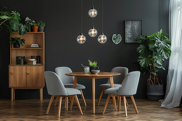 light grey color chairs at round wooden dining table in room with sofa and cabinet near gray wall. Scandinavian, mid-century home interior design of modern living room