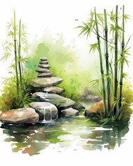 A peaceful watercolor painting of a Zen garden with a rock formation, bamboo plants, and a flowing stream.