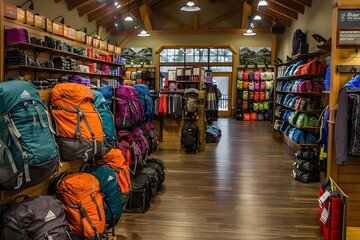 The inner bag section of a store that sells adventure, traveling, and hiking gear