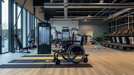 A fitness studio accessible by wheelchair, with adaptive equipment tailored for inclusive workout sessions.