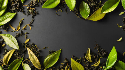 Tea leaves background 16:9 with copyspace