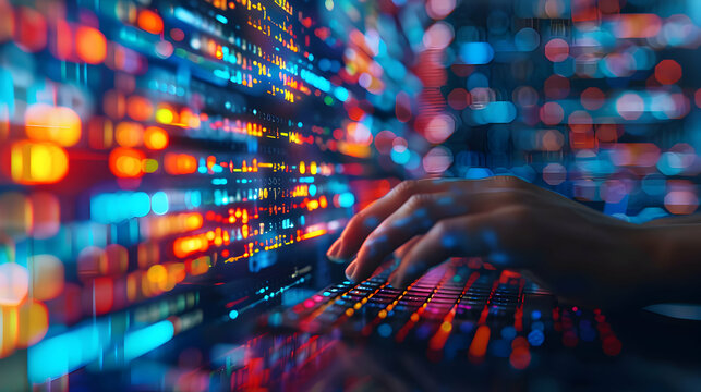 Photo realistic: Software Developer Coding for Blockchain   A software developer codes new blockchain technology in a modern tech office environment. Stock Photo Concept