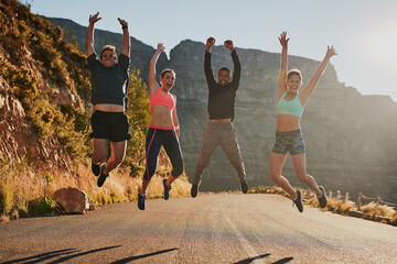 Road, fitness and jump to celebrate, friends and nature of mountain, portrait and happiness for...