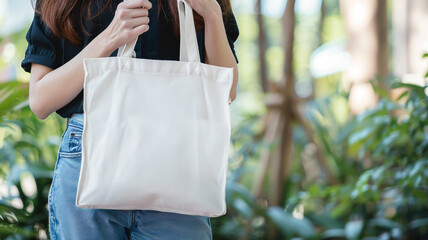 Close Up mockup of a woman holding a white blank tote bag.