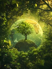 of Earth Planet Growing from a Tree Rooted in a Lush Green Forest