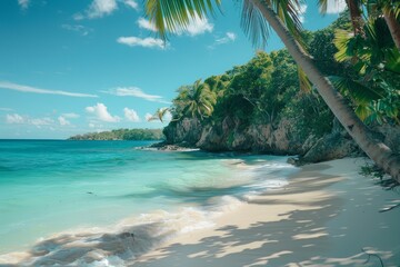 Tropical beaches with crystalclear turquoise waters, white sandy shores, and palm trees swaying in the breeze. Travelandtourism promotion or luxury vacation ads.