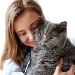 British shorthair cat at while being held by smiling veterinarian