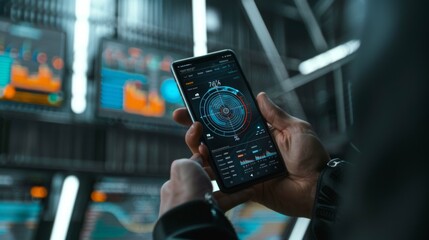 A hand holding a smartphone displaying a radar chart, visualizing data in a multi-dimensional format for comprehensive analysis.