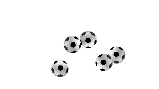 The soccer ball is slowly jumping on a transparent background and rolling onto the screen from left to right. 4k football bouncing animation with alpha channel, five soccer balls, 5 balls.