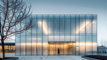 The exterior of the clubhouse with a facade of translucent frosted glass. The aesthetics of minimalism in architecture. Simple shapes, clear lines and unusual geometry. A modern unique building