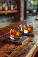 Two glasses of whiskey on a wooden bar with coasters, AI