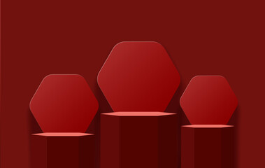 Abstract minimal scene on red background with cylinder podium, mock-up scene for product display.