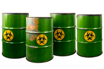 Barrel with toxic waste. Biohazard warning sign. Rusty dangerous barrel with pathogens, or other toxins on isolated background