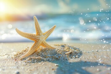 beach background with sand and sea, featuring a single starfish on the shore, creating an atmosphere of summer vacation and relaxation. Travel designs, social media posts, advertising images. 