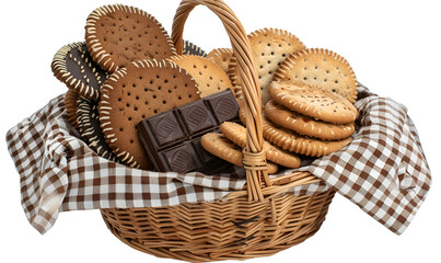 cookies and chocolate in basket isolated on white background