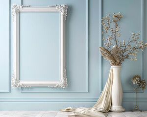 Elegant frame mockup against a powder blue wall serene and tranquil