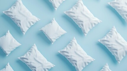 Pattern made of white pillow on serenity pastel blue background. Sleeping concept. Isometric flat lay