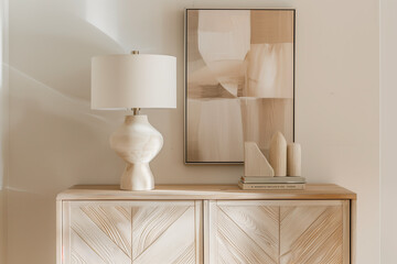 A close-up shot of the cabinet features light wood grain and herringbone pattern sitting against an off-white wall with a matching lamp on top. A framed artwork hangs above it.