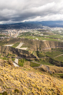 Panoramic view of the Llanos from the Time viewpoint with the magma tongue behind on the island of La Palma