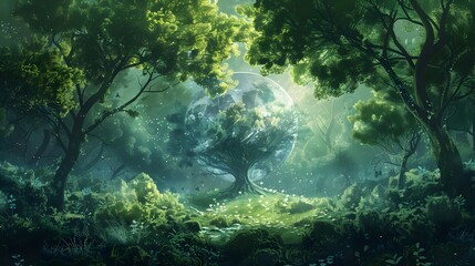 Interconnectedness of Nature and Humanity A D of a Lush Green Forest with the Earths Globe Emerging