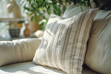 A closeup shot of the sofa, featuring two striped linen pillows with a soft texture and natural color tones. The background is blurred to emphasize these comfortable cushions on an elegant white couch