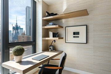 A modern home office with a light wood desk, black chair, and floating shelves in the corner of an apartment overlooking the New York City skyline, beige wallpaper wall,and a window view of Manhattan.
