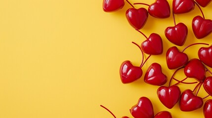 Modern retro composition made of hearts like cherries on a pastel yellow background.Pop art aesthetic, Minimal concept of Valentine's Day or love.Contemporary style.Love banner with space for text