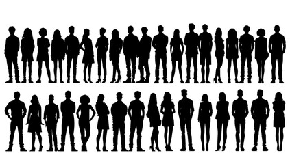 Silhouette Group of People Standing Vector Black White set. Woman and man person illustration group isolated white. Community figure human and team meeting. Crowd shape collection design horizontal