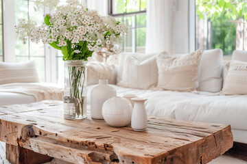 A rustic coffee table made of natural wood, centered in the living room with white sofas and soft cushions around it. The coffee table is adorned with vases holding fresh flowers.