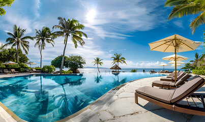panoramic holiday landscape luxury beach poolside resort hotel swimming pool beach chairs beds...