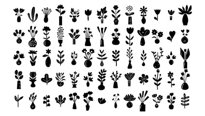 Naive organic abstract flowers set vector illustration. Art design summer black and trendy shape doodle. Vintage floral element groovy and blossom drawing. Collection collage flower