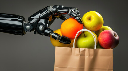 Delivery service robot's hand holding a bag of fruit on a gray background. Concept of artificial intelligence in our life.